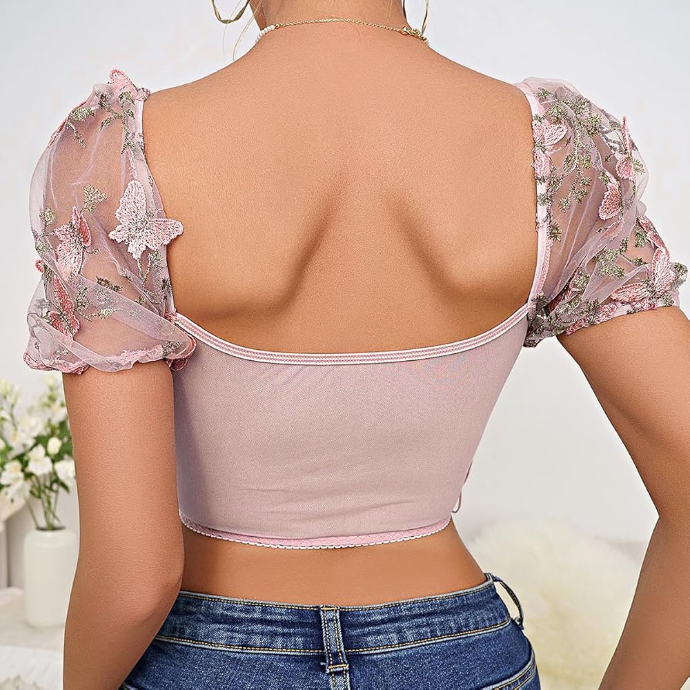 Segreto Women Butterfly Crop Top Floral Embroidered Puff